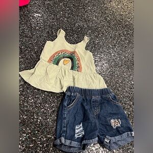 Shein Kid’s Girl’s Sz 100 4T 2 Piece Rainbow Tank Top & Jean Shorts Matching Set